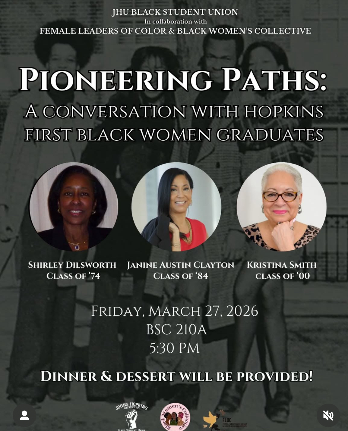 A flyer for a conversation with Hopkins' first Black women graduates, organized by various Black student groups at Johns Hopkins University.