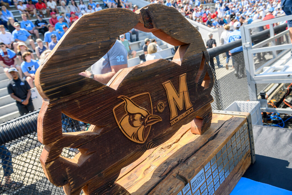 JHU and UMD wooden crab lacrosse trophy that they compete for each year